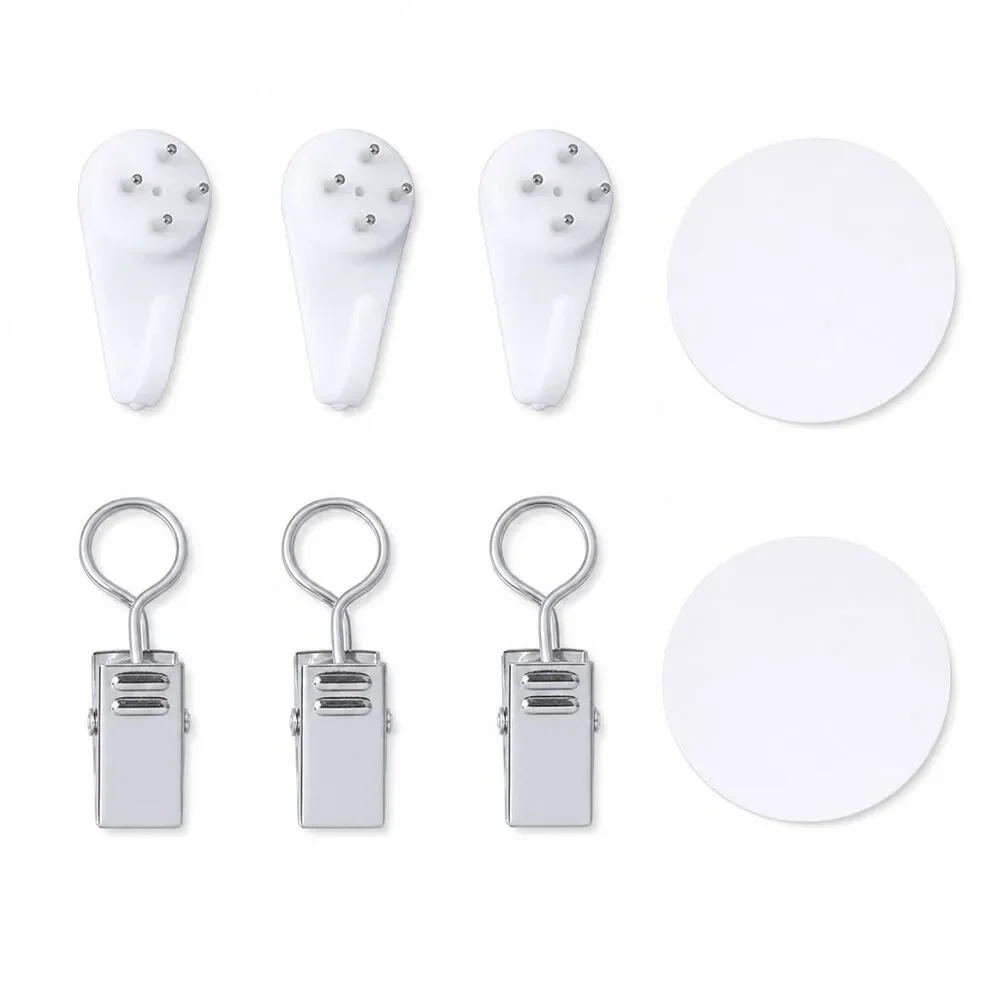 Set of 3 Wall Mount Clips w/ Adhesive Pads White Plastic Hooks & Metal Holders